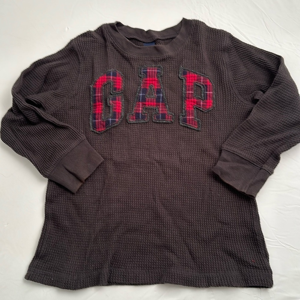 Gap dark gray red navy blue plaid sewn on logo long sleeve waffle knit thermal